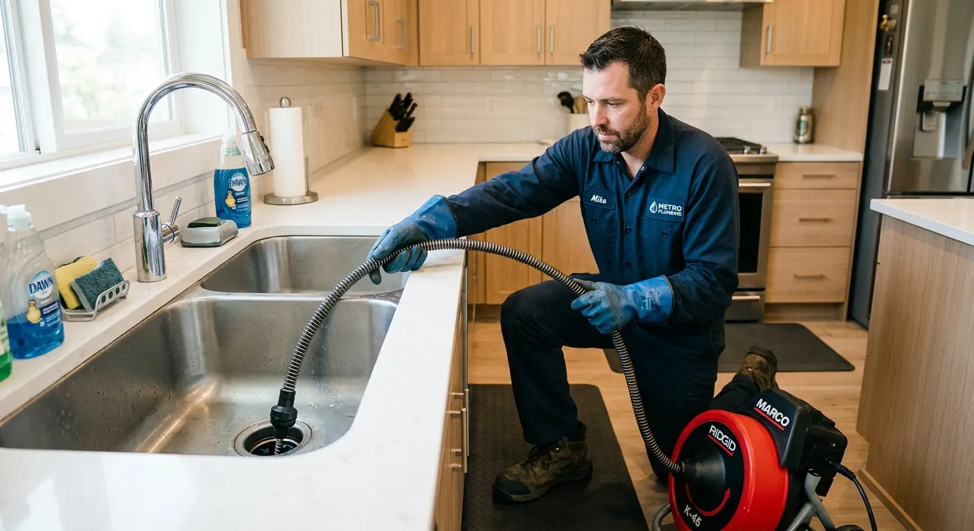 Drain cleaning technician using a motorized snake on a kitchen sink in Baxter