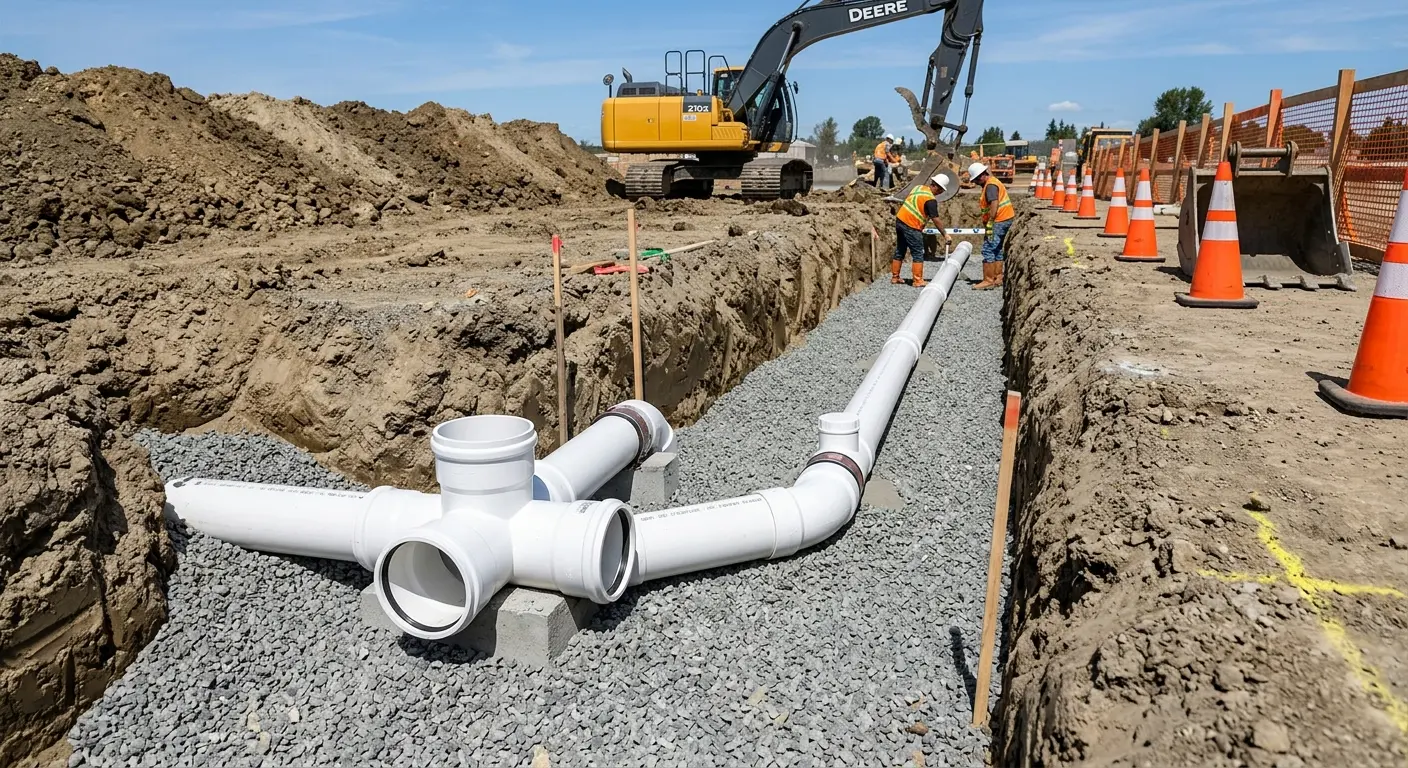 New PVC sewer pipe installation in open trench for Sewer Backup in Baxter