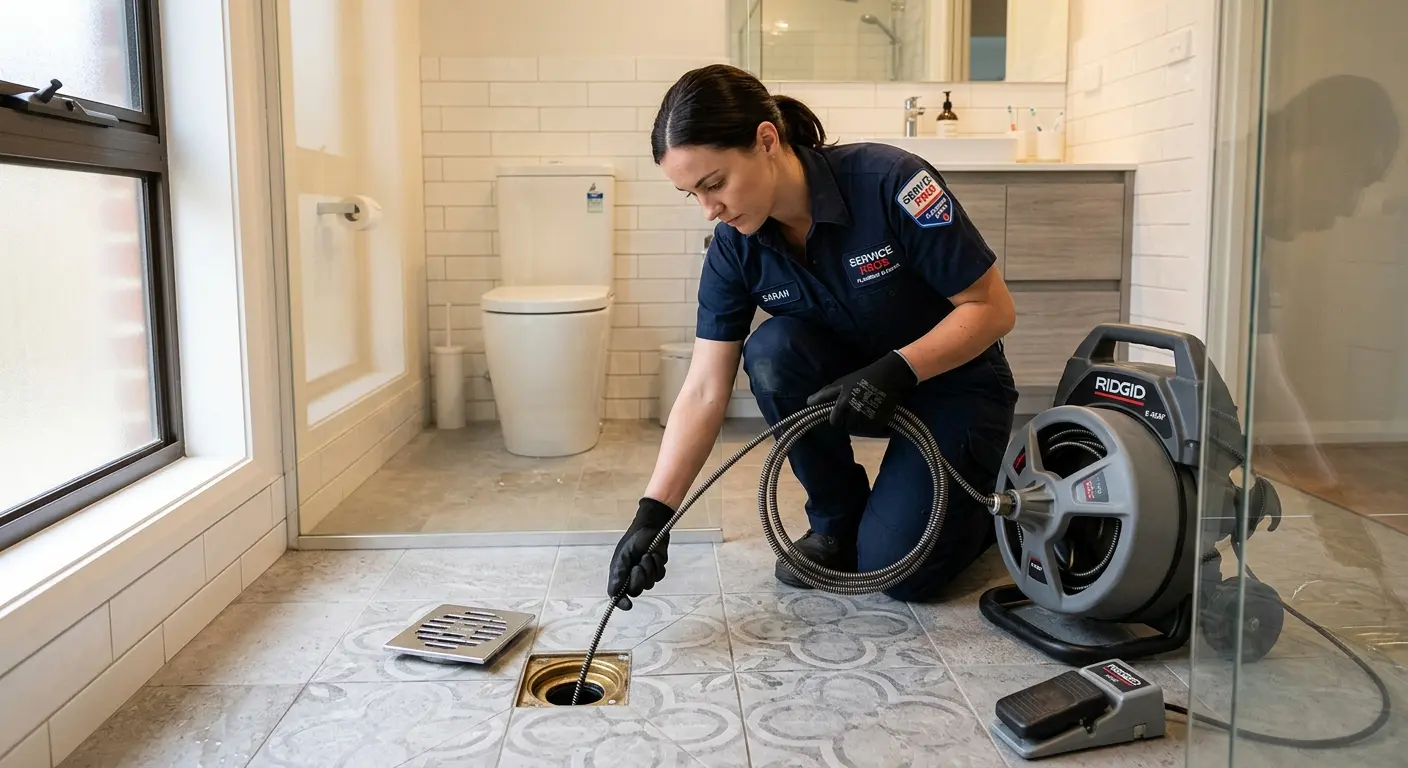 Technician clearing a bathroom floor drain for Sewer Line Replacement in Baxter
